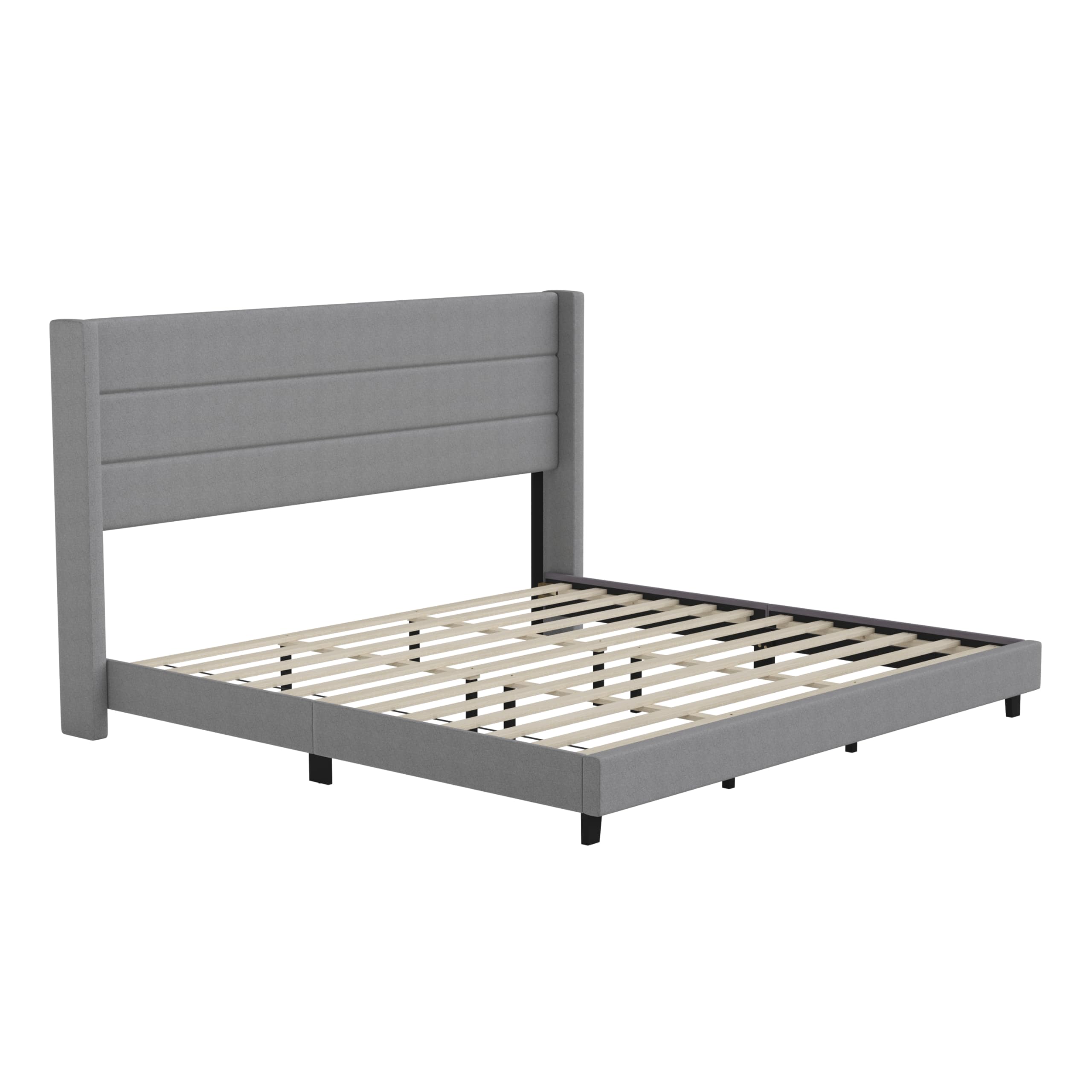 Flash Furniture Hollis Upholstered Platform Bed - Gray Faux Linen Wingback Headboard - King - Mattress Foundation with Slatted Supports - No Box Spring Needed