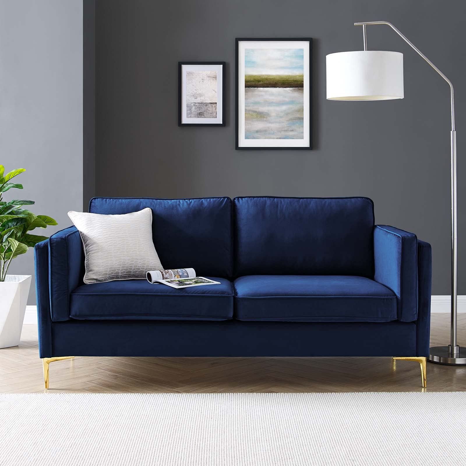 Modway Kaiya Performance Velvet Sofa, 32 x 71 x 33.5, Midnight Blue