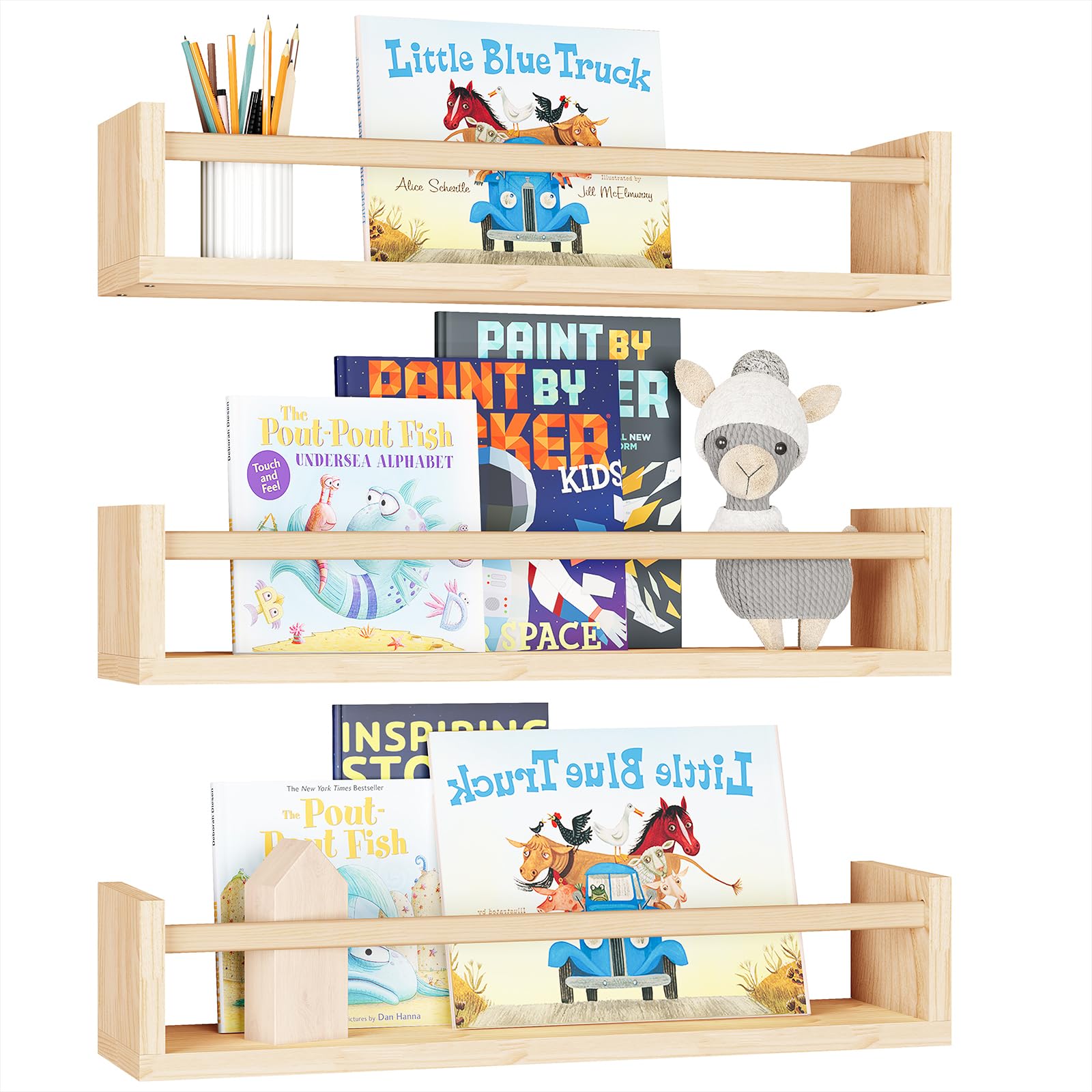 Fixwal Nursery Shelves, 16.5 Inch Floating Bookshelves For Wall Set Of 3, Baby Nursery Decor, Solid Wood Wall Mounted Shelves For Books (Natural Wood)