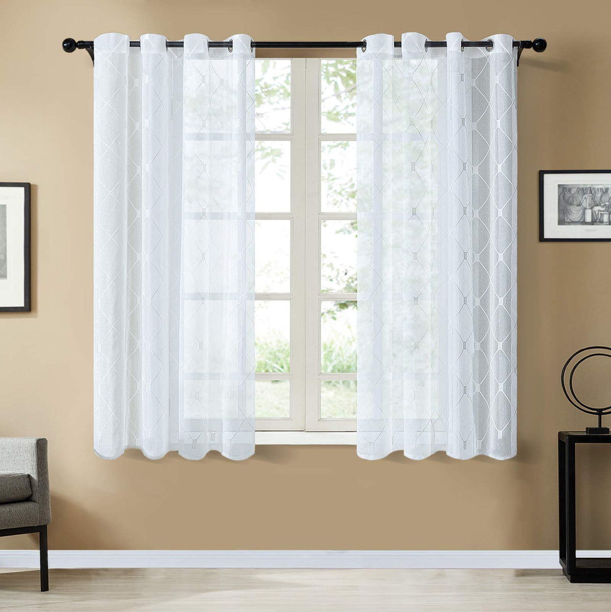 Top Finel White Sheer Curtains For Bedroom Living Room Embroidered Diamond Faux Linen Grommet Window Curtains, 2 Panels (Pure Wh