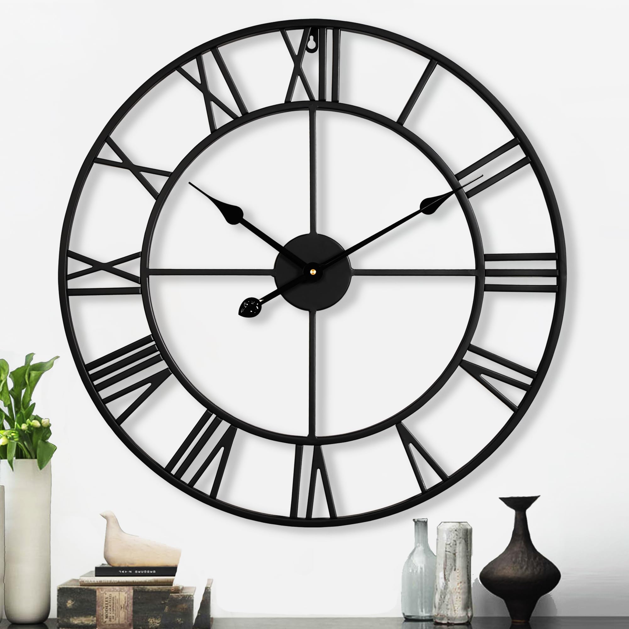CLXEAST 24 Inch Wall Clocks for Living Room Decor, Large Black Metal Roman Numeral Wall Clock,Decorative Wall Clocks,Battery Ope