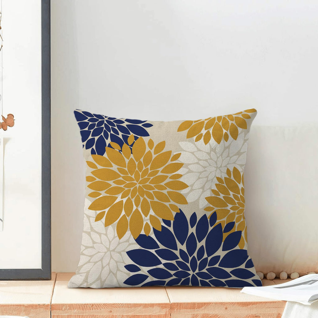 Mustard Yellow Navy Blue Pillow Covers 18X18 Inch Set Of 2 White Dahlia Floral Decor Throw Pillows Summer Modern Geometry Flower