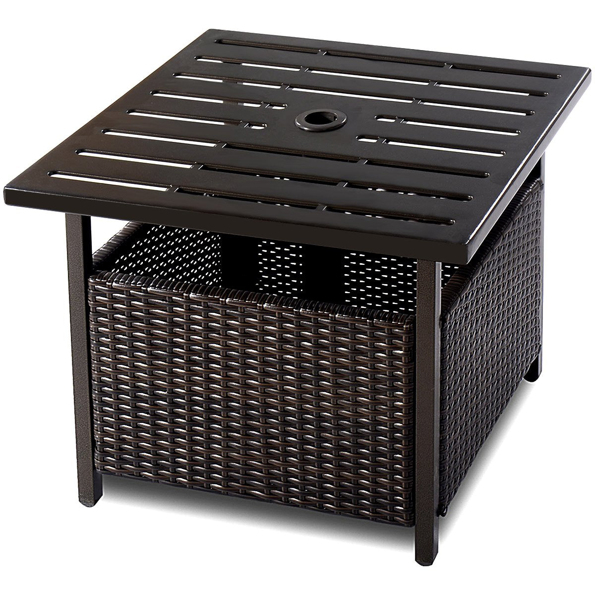 Giantex Outdoor Side Table With Umbrella Hole, Rattan Wicker Umbrella Stand Table, Steel Metal Patio Bistro Table For Outdoor Deck Garden Pool (Metal Tabletop)