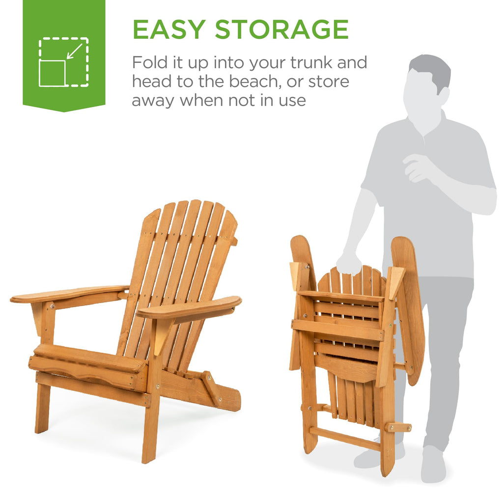 Best Choice Products Folding Adirondack Chair Outdoor Wooden Accent Furniture Fire Pit Lounge Chairs For Yard, Garden, Patio W/ 350Lb Weight Capacity - Natural