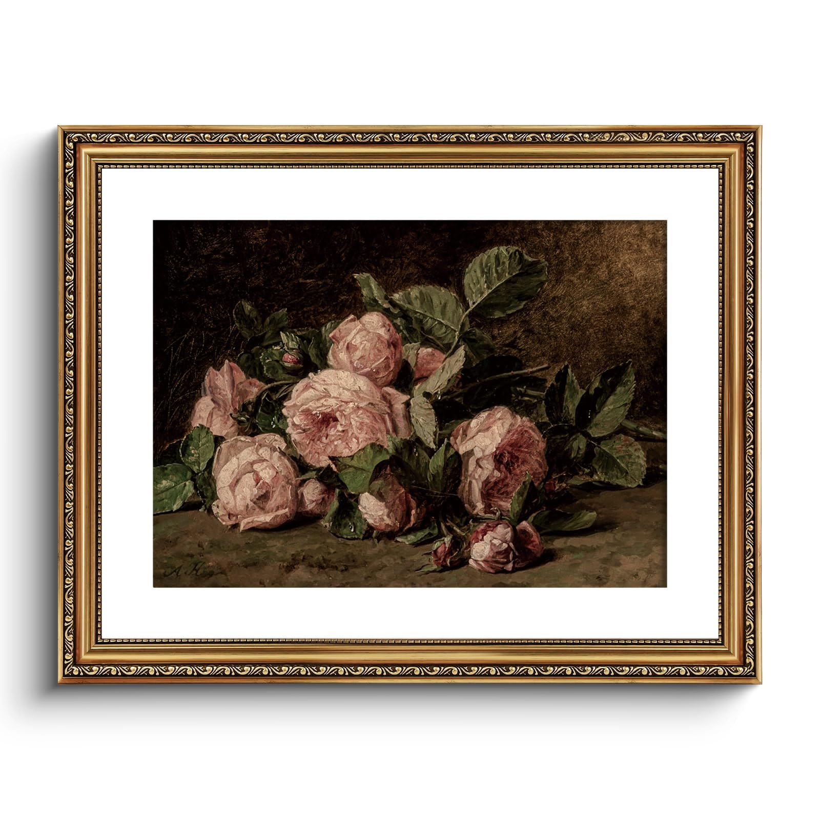 ARPEOTCY Vintage Gold Framed Large Wall Art, Retro Still life Pink Roses Canvas Prints Artwork with Antique Frame, Victorian Wal