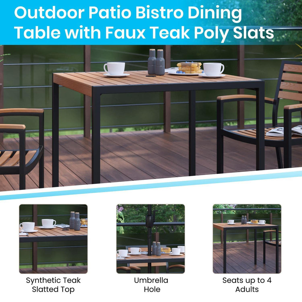 Flash Furniture 5 Piece Patio Table Set - Synthetic Teak Poly Slats - 35" Square Steel Framed Table with 4 Faux Teak Chairs