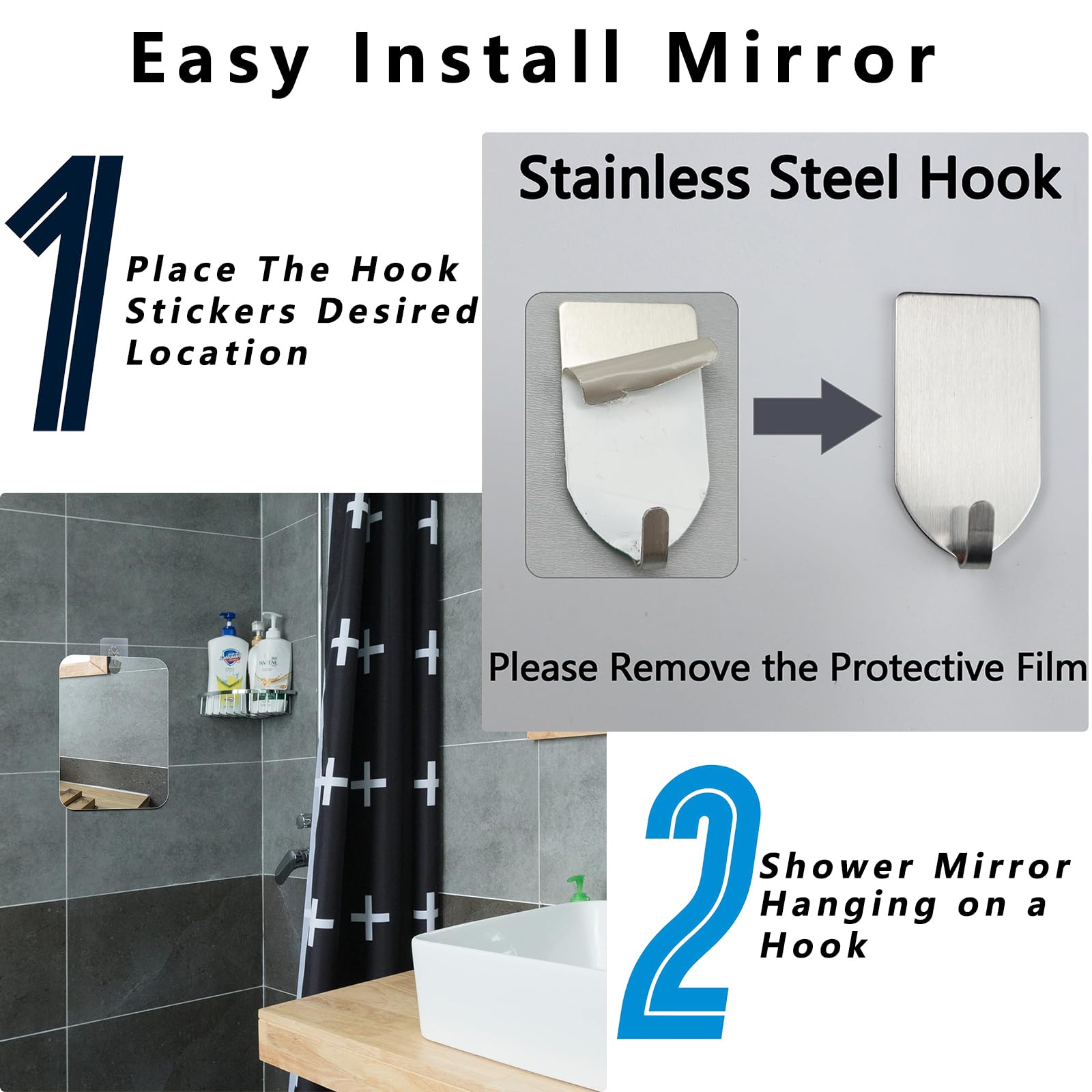 Quegau Shatterproof Shower Mirror For Shaving With Hook (Large 8X10.7 Inch) 40% Cheaper Than The Original,Unbreakable Deluxe Ple