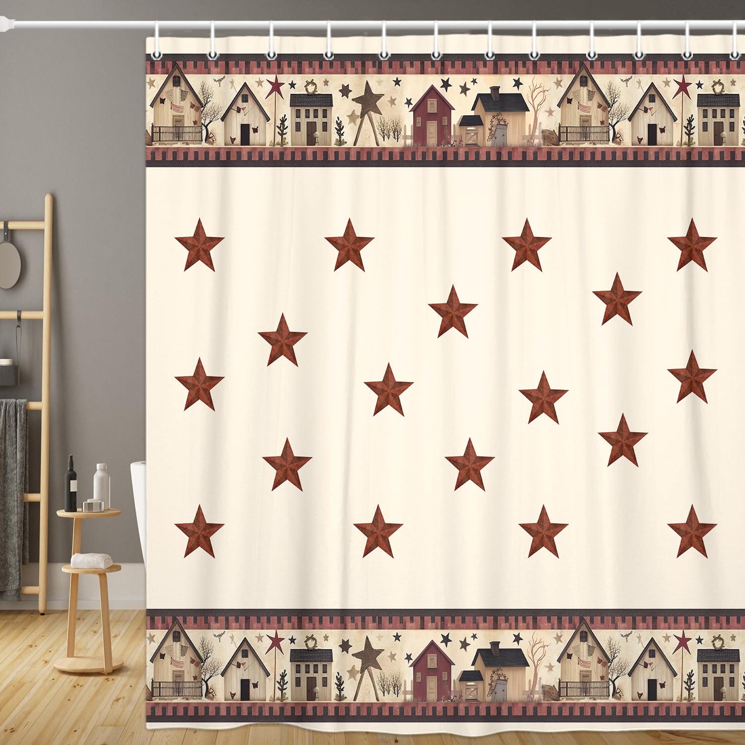 JAWO Rustic Country Shower Curtains, Primitive Barn Star Relax Bath Outhouse Christmas Farmhouse Shower Curtain for Bathroom Dec