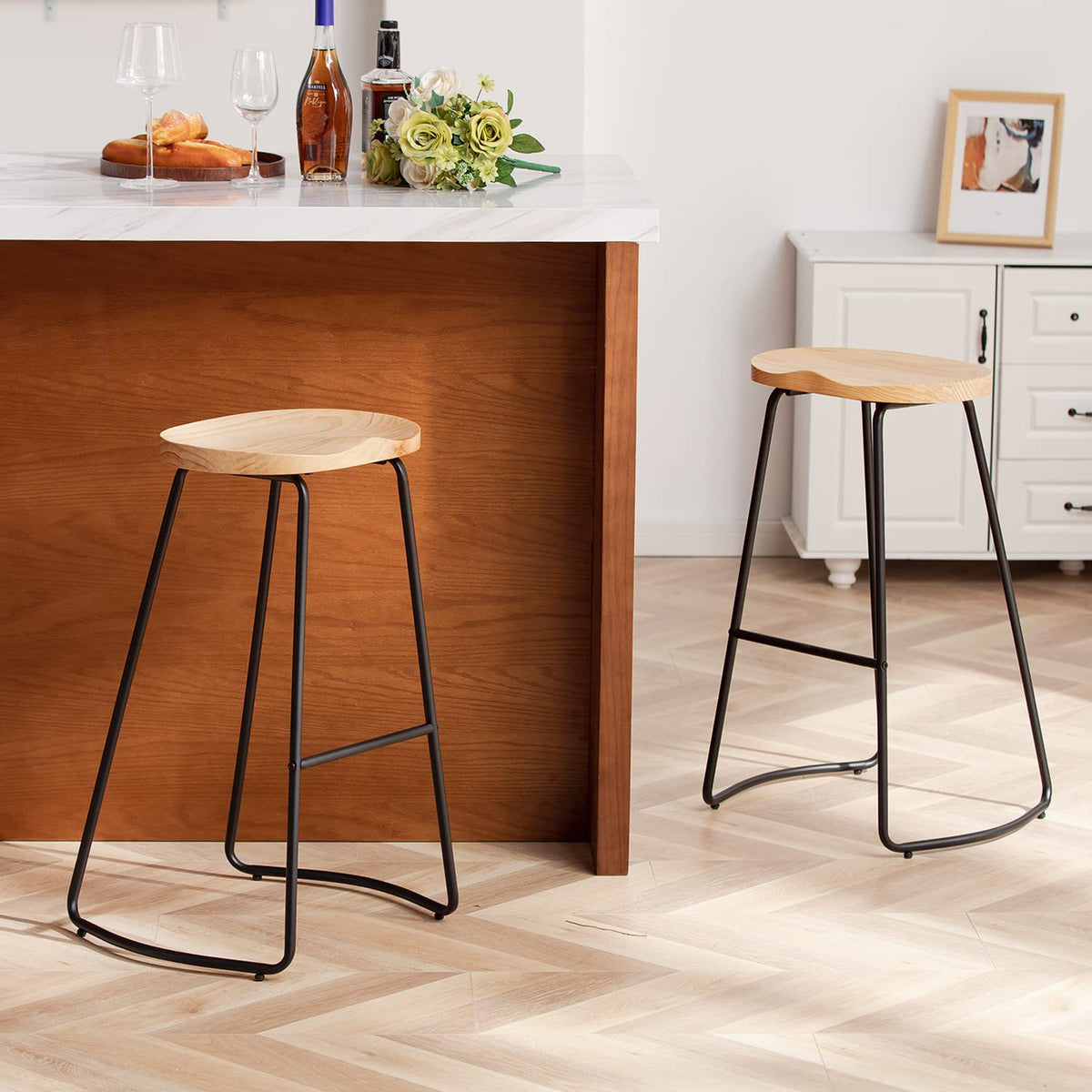 Heugah Bar Stools, Solid Wood Barstools Set Of 2, 30' Bar Height Bar Stools With Metal Leg,Rustic Backless Bar Stools For Kitchen Island,Bar Chairs With Solid Wood Saddle Seat (Burlywood, 30 Inch)