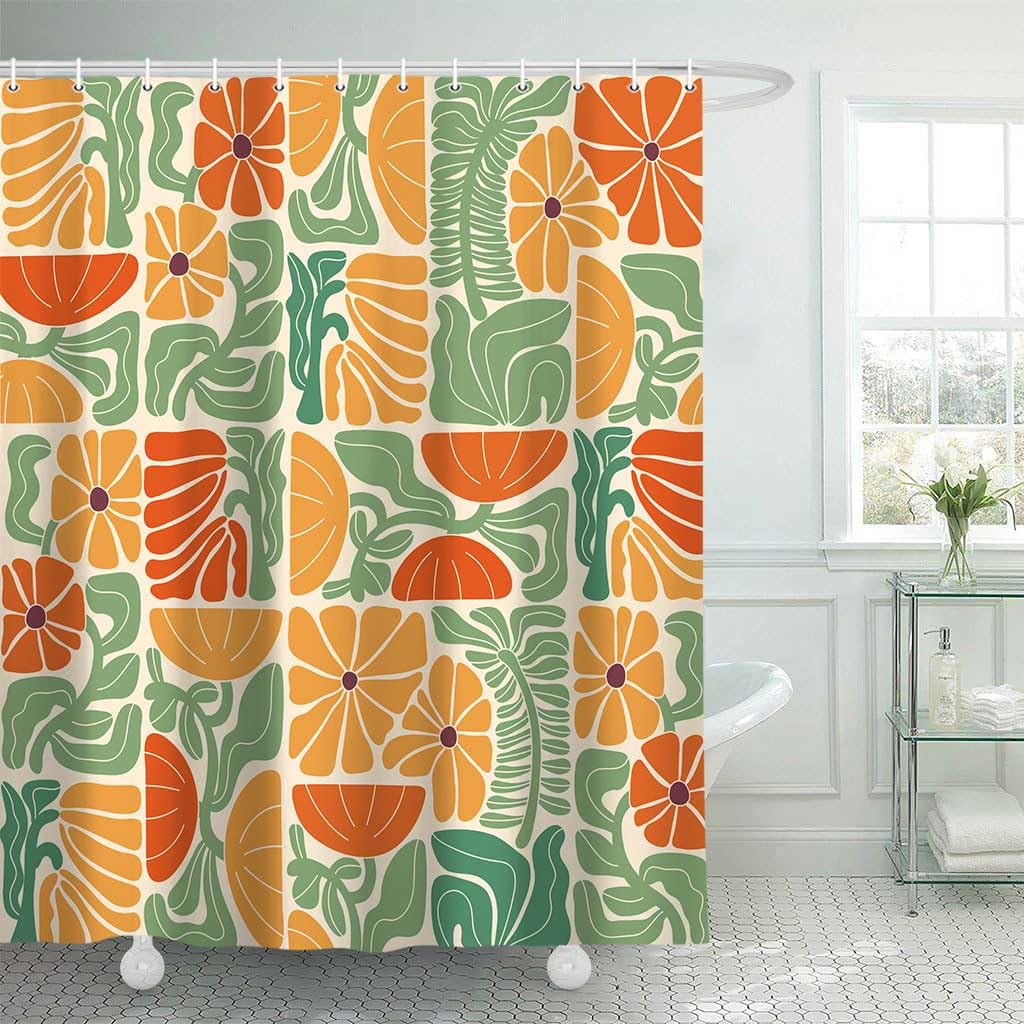 DeeCabin Boho Abstract Colorful Floral Shower Curtain, Vintage Retro Patchwork Orange Green Flower Botanical Geometric Aesthetic