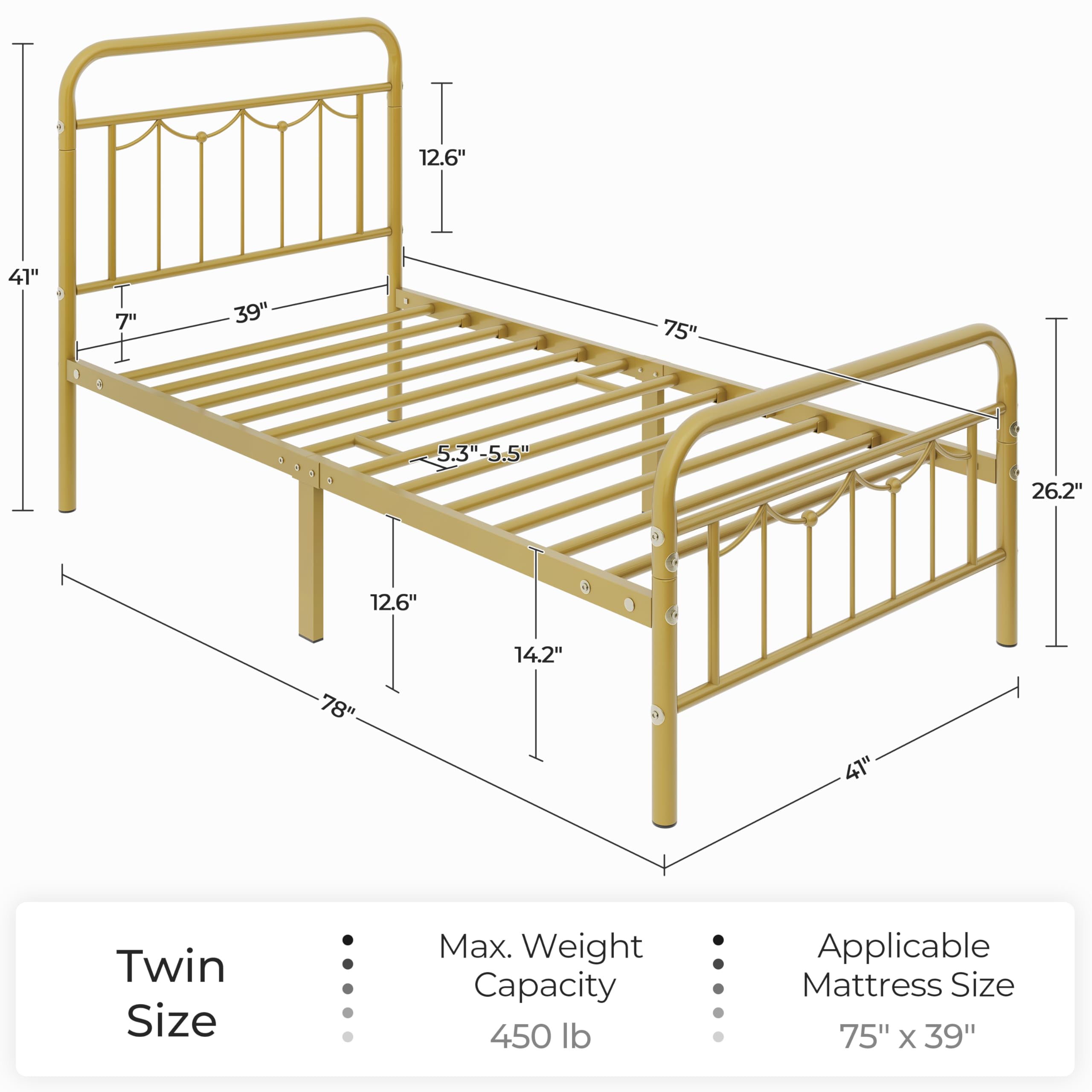 Yaheetech Twin Size Metal Bed Frames With Vintage Headboard And Footboard, Farmhouse Metal Platform Bed, Heavy Duty Steel Slat Support, Ample Under-Bed Storage, No Box Spring Needed, Antique Gold