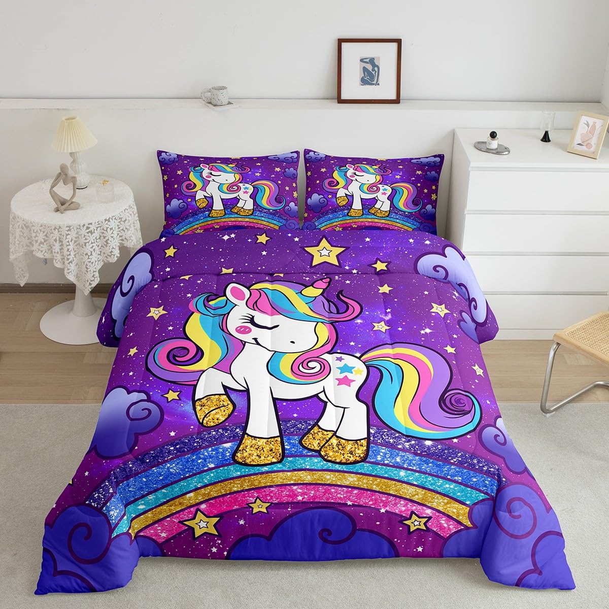 Feelyou Unicorn Bedding Set For Kids Girls Twin Size Girls Cute Unicorn Comforter Set Ultra Soft Star Print Comforter Unicorn Gl