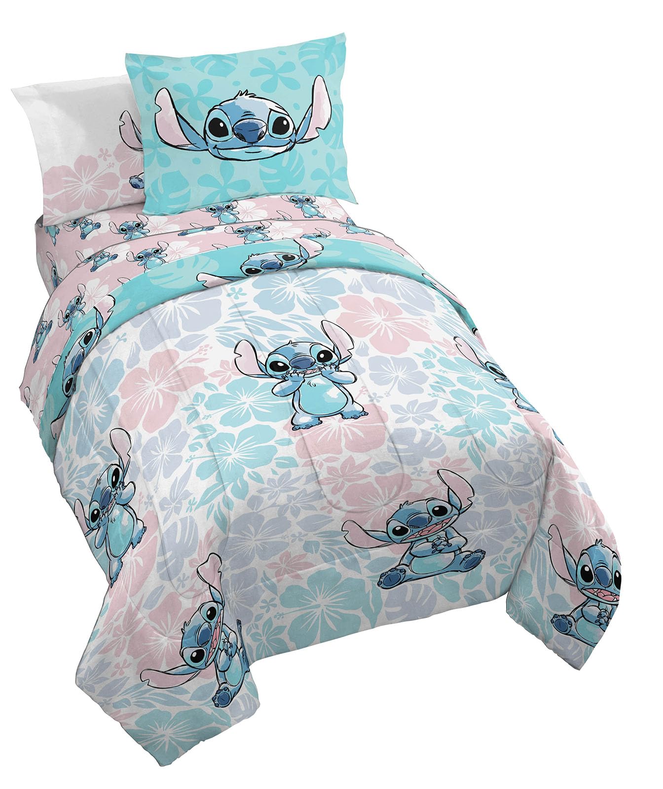Jay Franco Disney Lilo & Stitch Twin Comforter Set - 5 Piece Bedding Includes Sheet Set & Pillow Covers - Super Soft Kids Floral