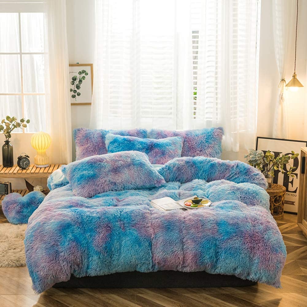 Chovy Faux Fur Plush Tie-Dyed Colorful Blue Comforter Sets Full/Queen - Ultra Soft Shaggy Flannel Velvet Fluffy Fuzzy 3Pc Beddin