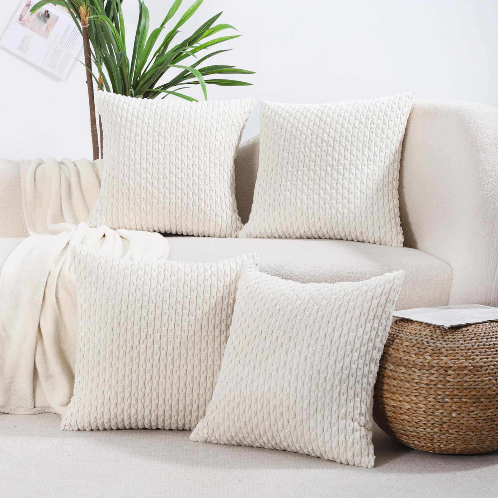 Vakado Cream White Decorative Throw Pillow Covers Couch 18X18 Set Of 4 Boho Corduroy Home Living Room Neutral Rustic Farmhouse C