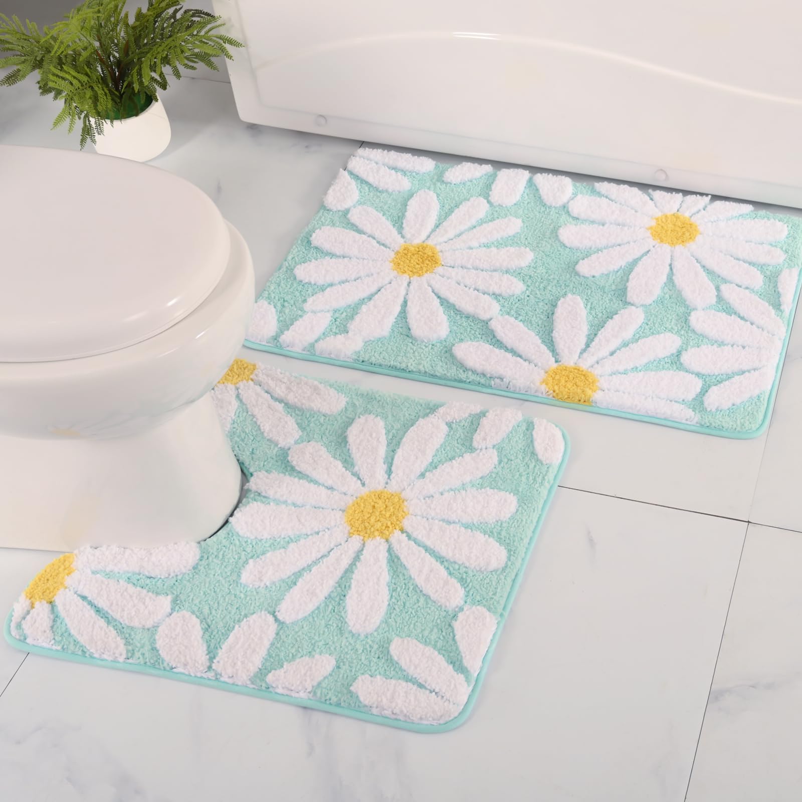 QJHOMO Bathroom Rugs Set 2 Piece, Cute Daisy Bath Mat Green Toilet Rug U Shaped, Flower Deocr Bathroom Set Non Slip Contour Bath