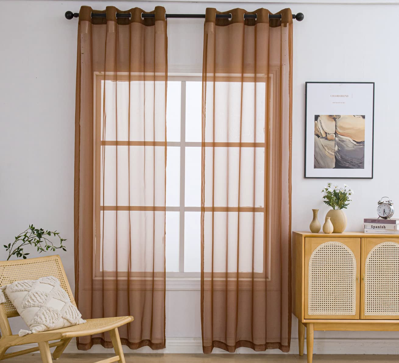 Pi Sheer Curtains 95 Inches Length With Grommets,Airy Voile Textured,Modern Window Treatment For Office/Apartment 2 Panels (W52 X L95, Brown)