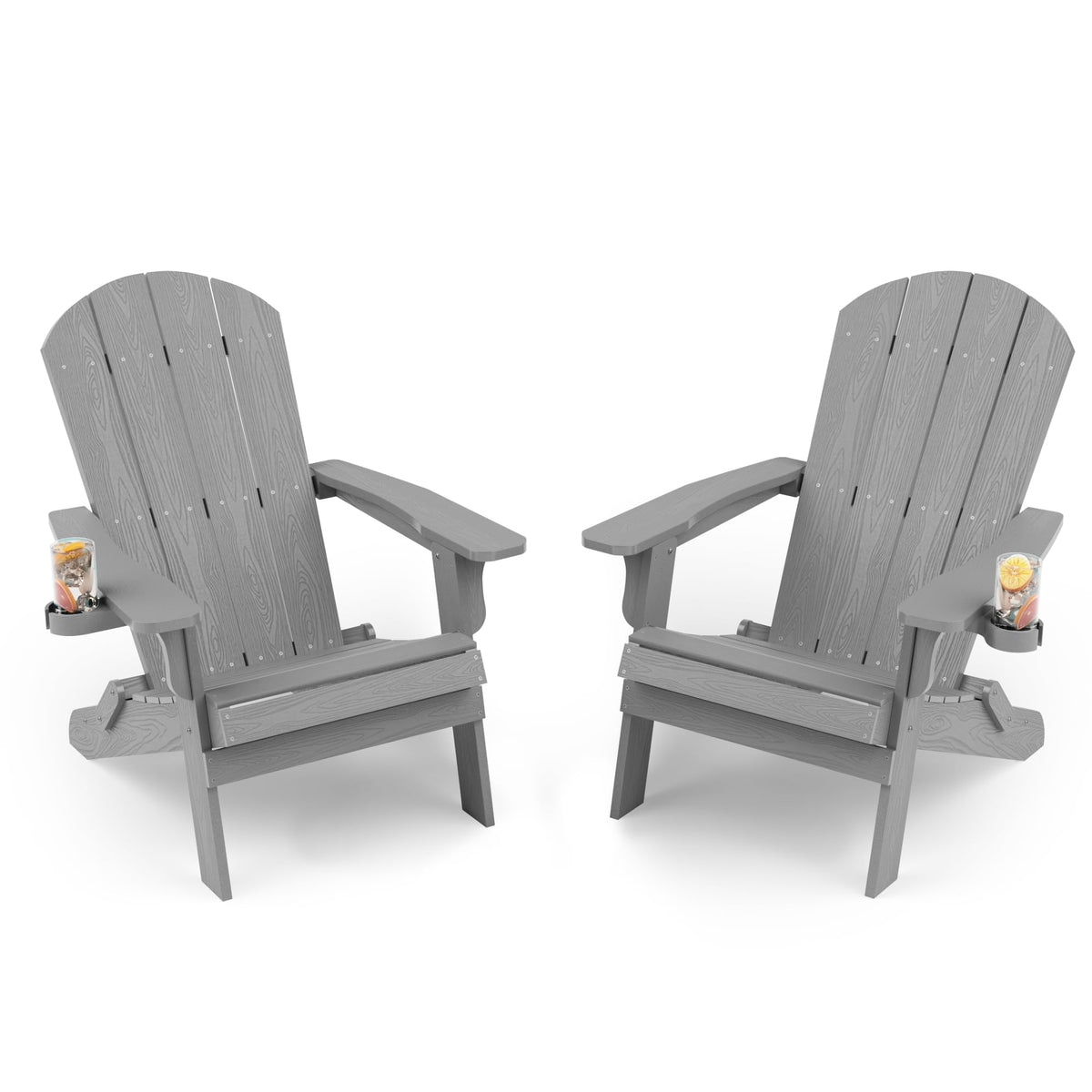 Yefu Adirondack Chair Set Of 2, Folding Oversized Plastic Adirondack Chair With Cup Holder, Lawn Chair With Weather Resistant For Outdoor Deck Garden, Weight Capacity Up To 400 Lbs–Grey