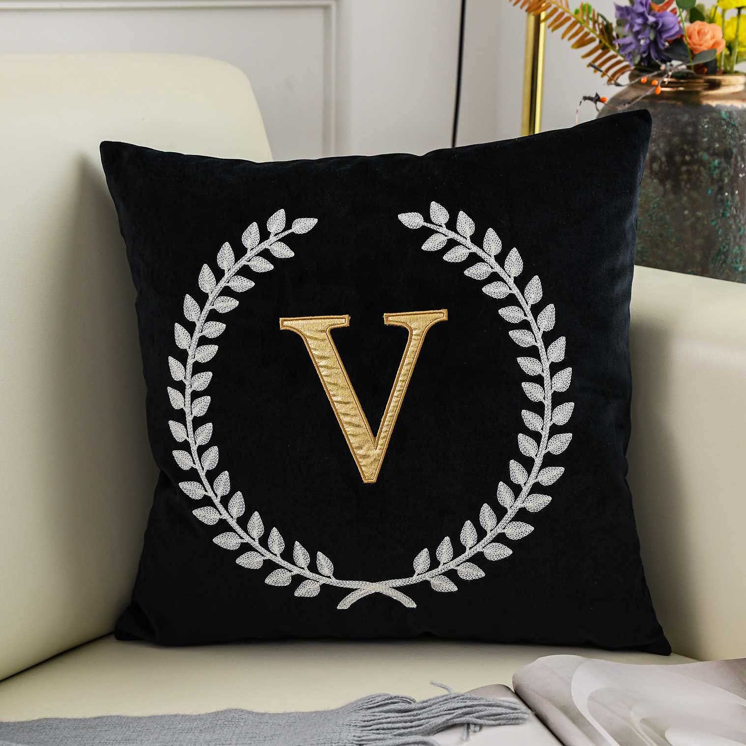 Decopow Black Velvet Throw Pillow Cover, Personalized Letter Embroidery Square 18 Inches Decorative Pillow Cover,Cover Only (V)