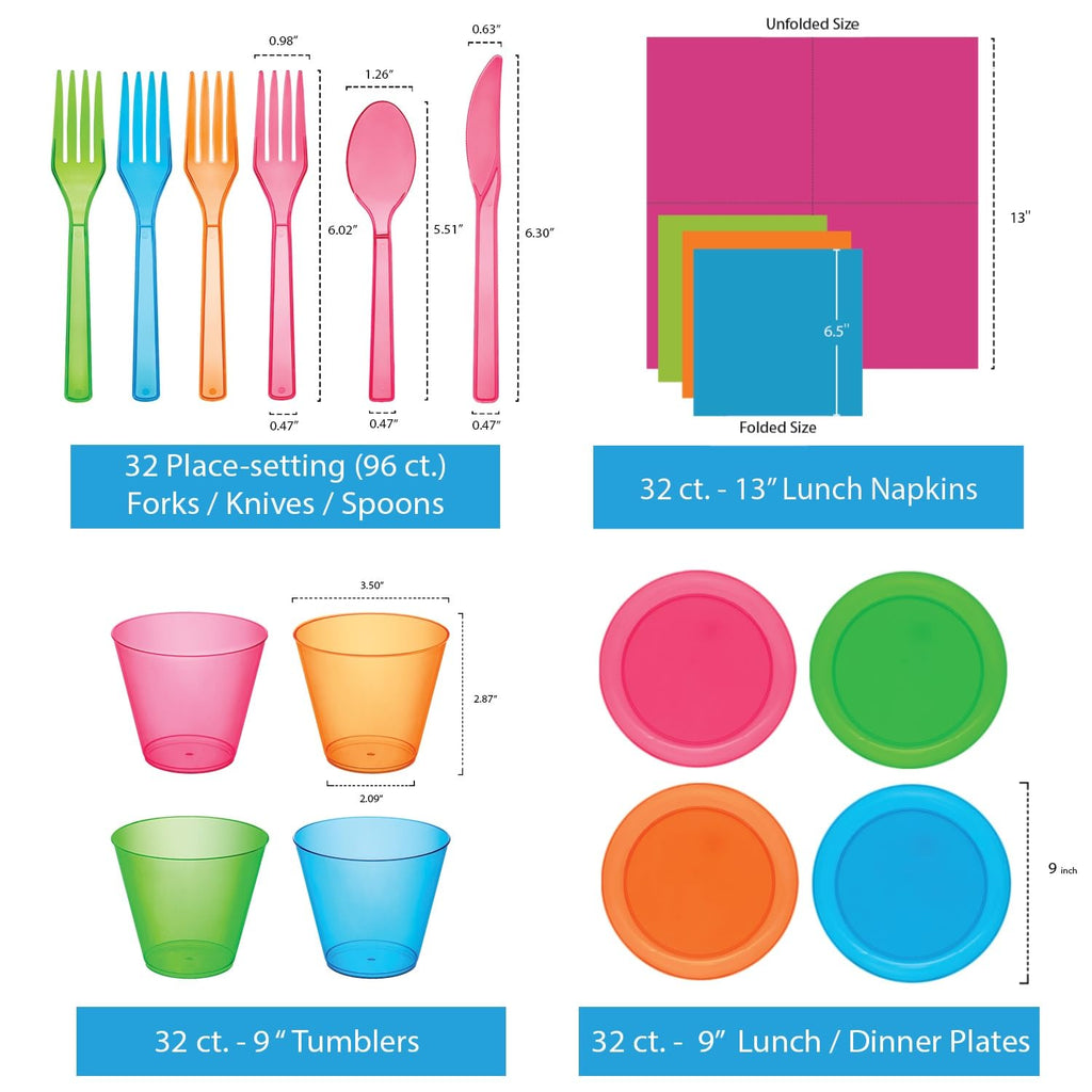 Party Essentials Disposable Plastic Glow-In-The-Dark Party Supplies Dinnerware Decorations, Plate/Cup/Cutlery/Tablecover, 193 Pc