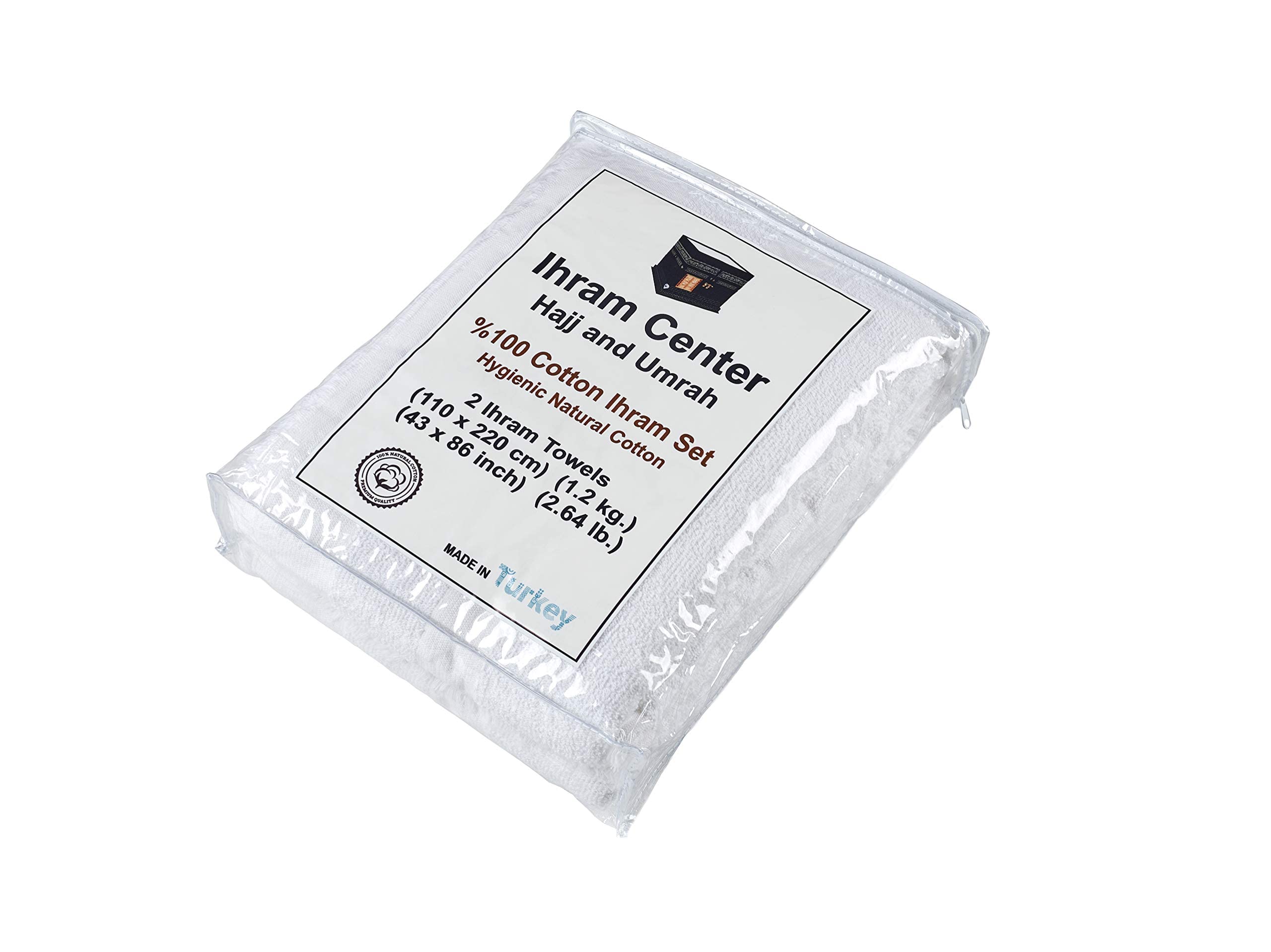 Ihram Ehram Ahram for Men for Hajj and Umrah - 2 Towels - Hygienic Natural 100% Cotton Towels 110 x 220cm = 43X86 inch