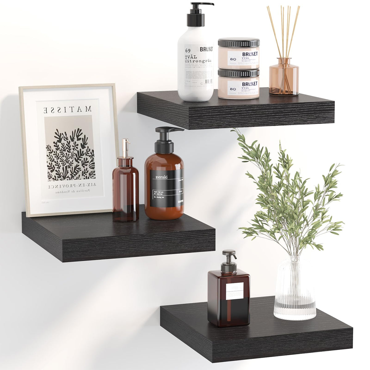 Fixwal Floating Shelves for Wall, Small Black Shelves Wall Mounted Shelf for Bathroom, Living Room, Bedroom, Kitchen Decor (Set 
