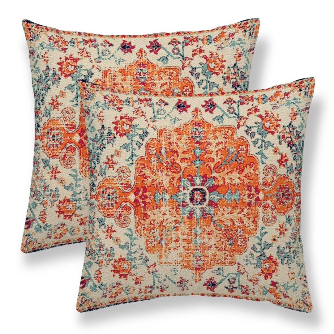 Sunshineyan Boho Throw Pillow Covers 18 X 18 Set Of 2, Orange Blue Ethnic Design Pillow Covers Farmhouse Carpet Pattern Rustic C