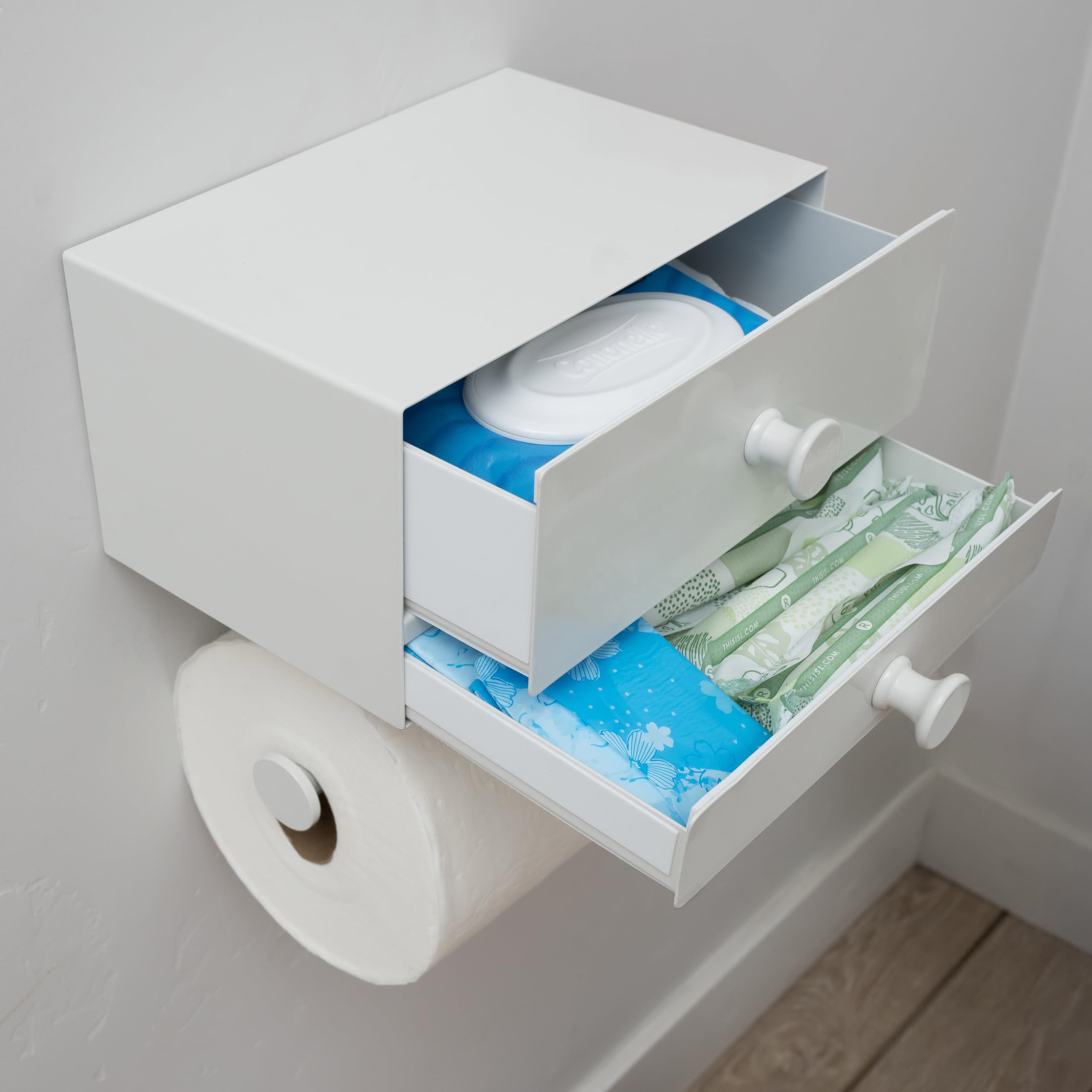 Modern Toilet Paper Holder with Storage Drawers - Toilet Paper and Wipes Holder for Bathroom - Aluminum TP Holder with Shelf and