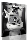 OIQArtOIQ Framed Bathroom Decor Wall Art Funny Dog Sitting On Toilet Canvas Painting Prints Black and White Humor Animal Picture