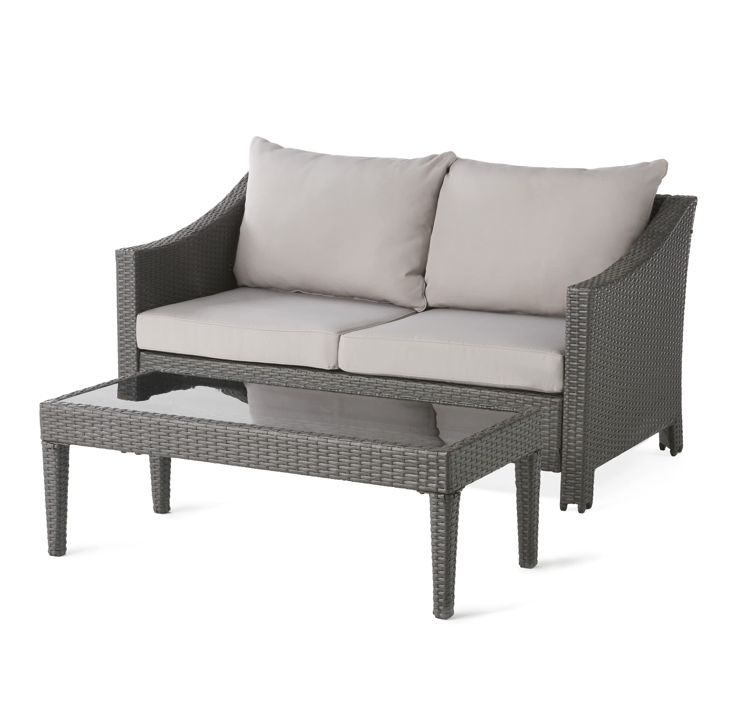Christopher Knight Home Antibes Outdoor Wicker Loveseat and Table Set with Water Resistant Cushions, 2-Pcs Set, Grey / Silver