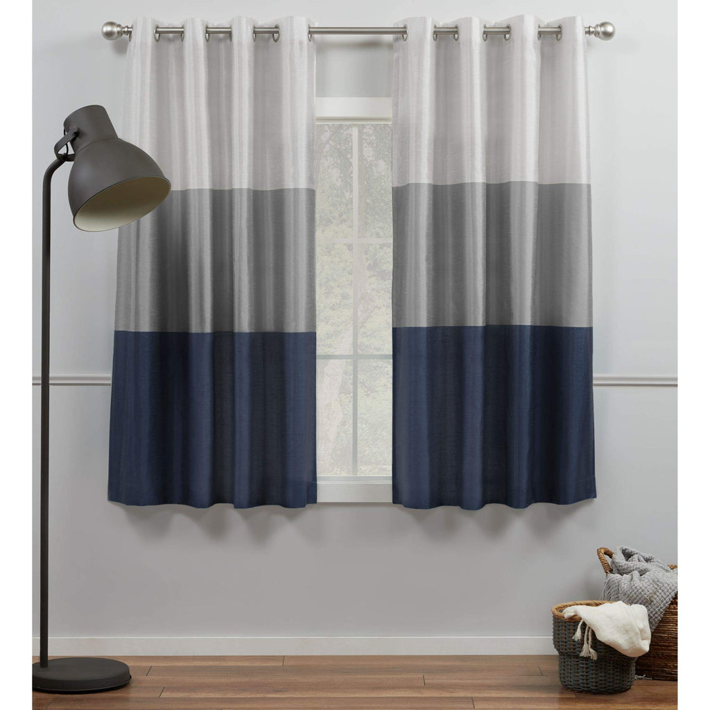 Exclusive Home Chateau Striped Faux Silk Grommet Top Curtain Panel Pair, 54''x63'', Navy/Grey