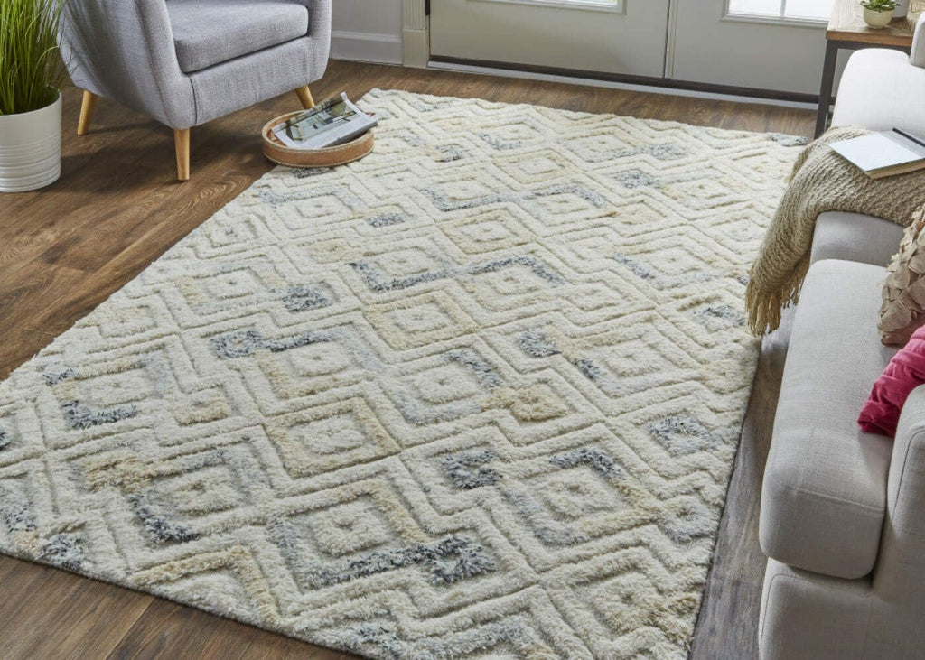 HomeRoots 512762 8 x 10 ft. Gray & Ivory Wool Geometric Hand Tufted Handmade Rectangle Area Rug