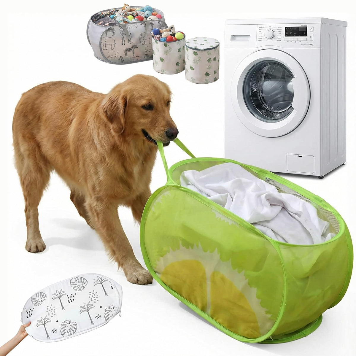 Feofiix Pet Laundry Bags & Storage Baskets Set, 5Pack Collapsible Mesh Hampers with Animal Print Design, Large Capacity for Dog