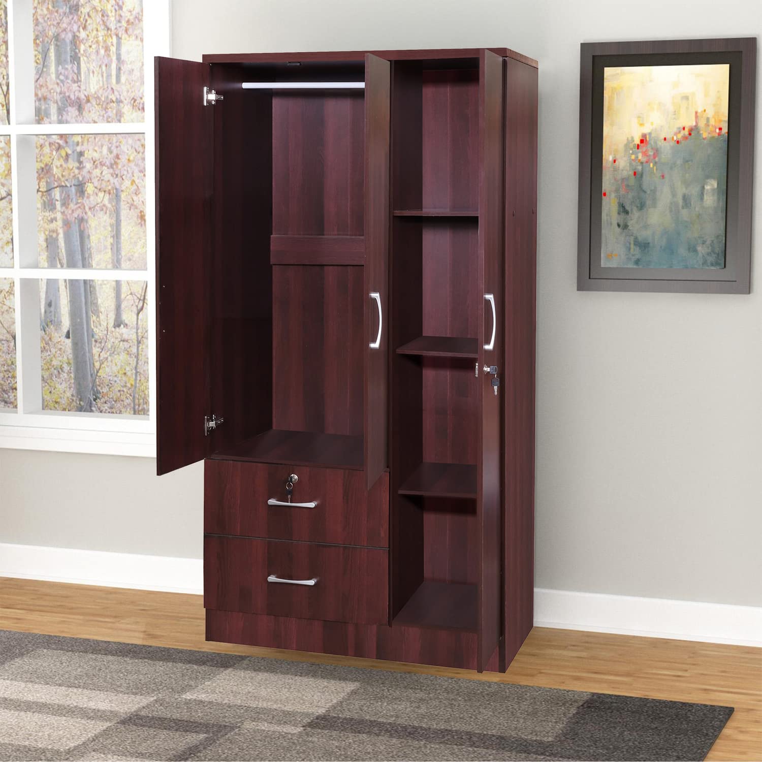 Better Home Products Symphony Wardrobe Armoire Closet with Two Drawers Mahogany