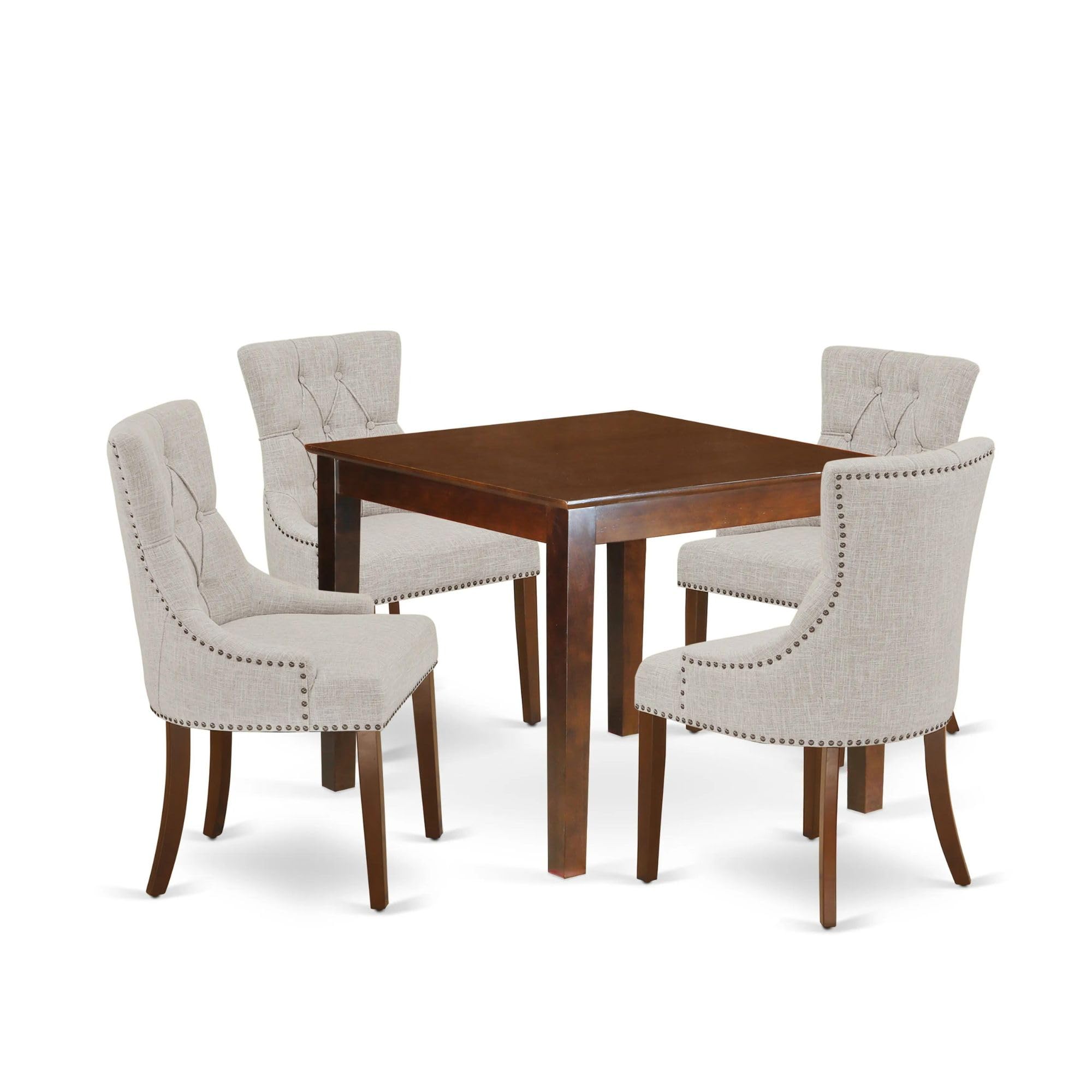 East West Furniture 5Pc Dining Set Includes A Square Dinette Table And Four Parson Chairs With Doeskin Fabric, Mahogany Finish