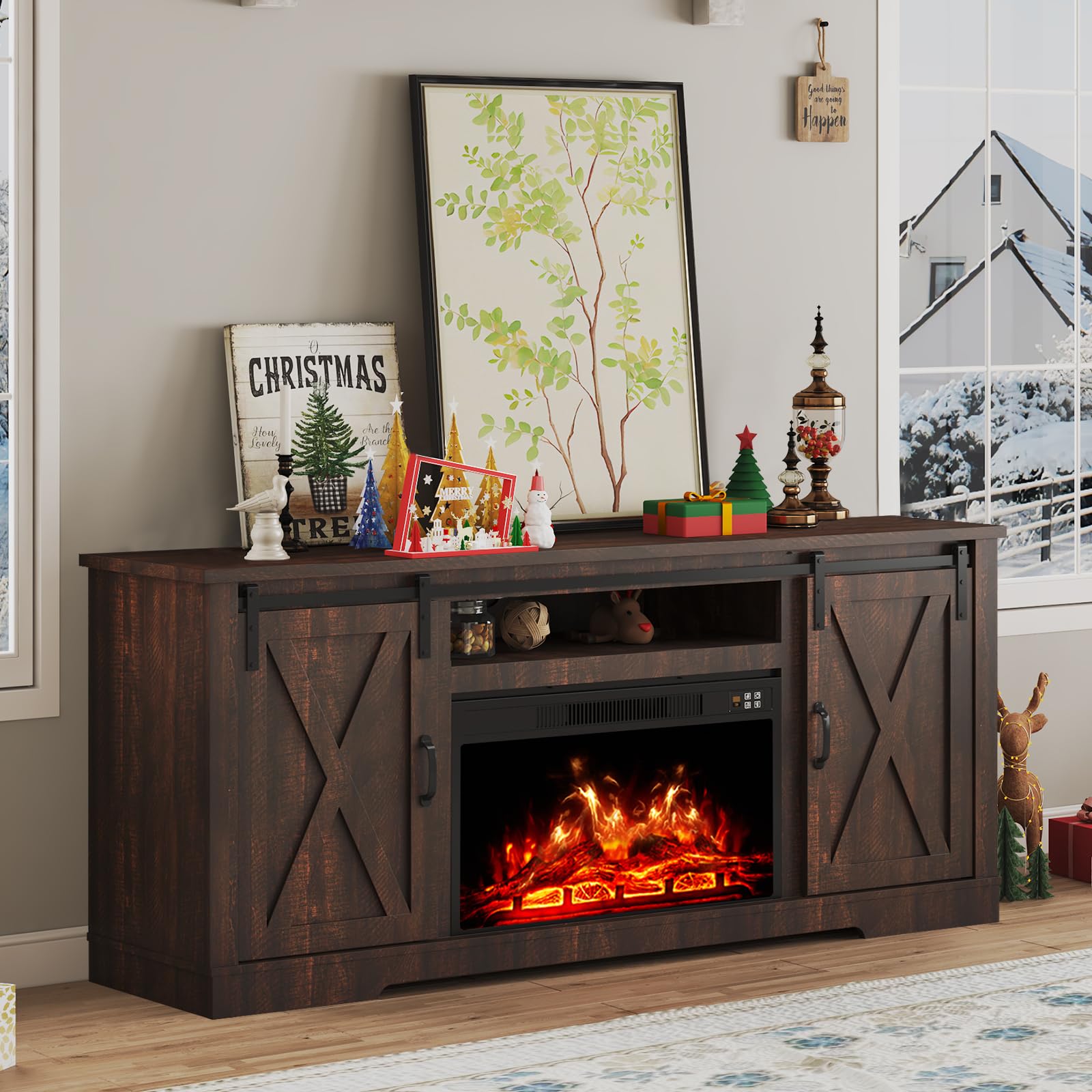 AMERLIFE Fireplace TV Stand with Sliding Barn Door for TVs up to 73, Farmhouse 63 Fireplace Entertainment Center with Storage Ca