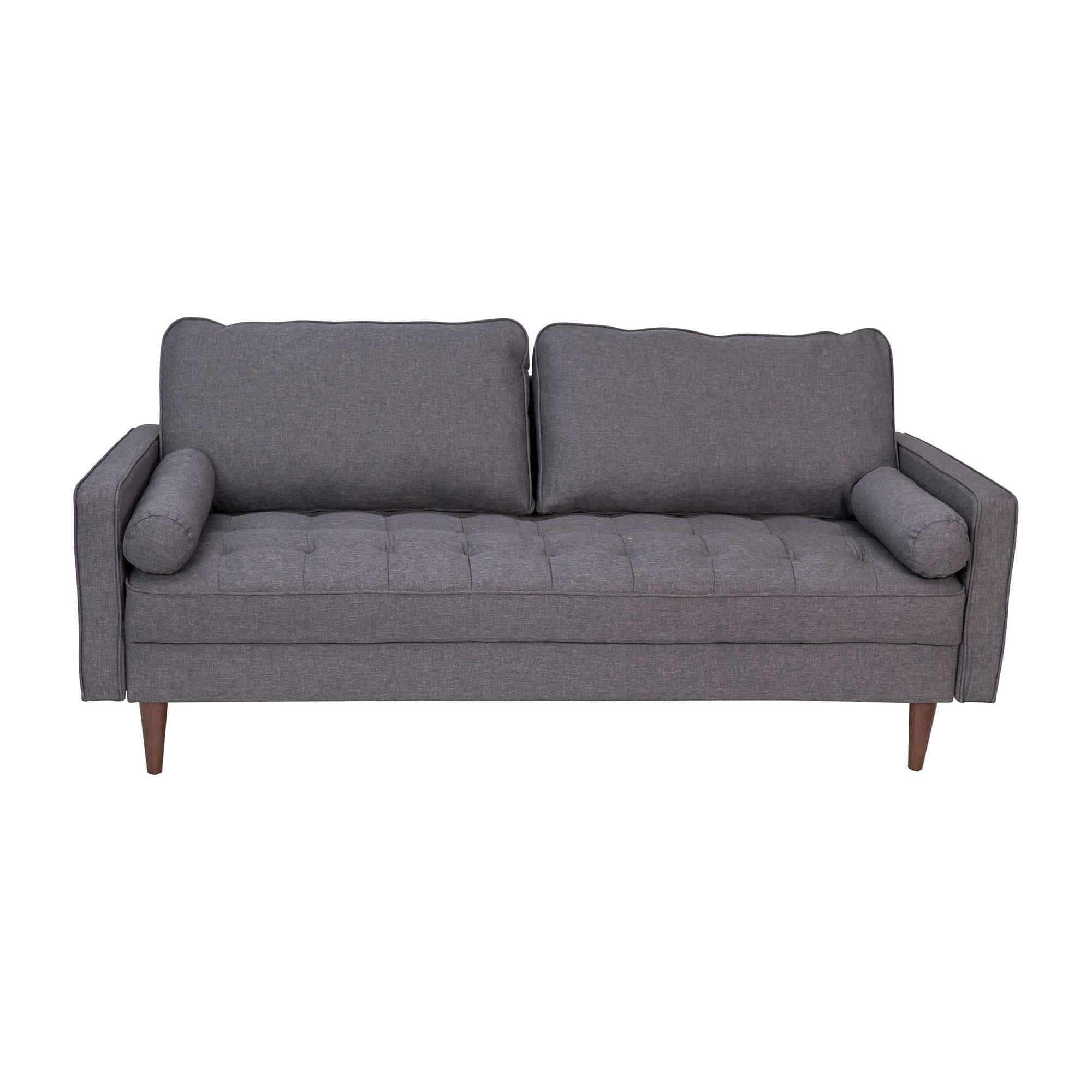Flash Furniture Hudson Mid-Century Modern Sofa - Dark Gray Faux Linen Upholstery - Buttonless Tufting - Wood Legs