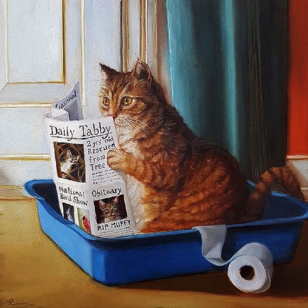 Picture Peddler Kitty Throne by Lucia Heffernan Orange Tabby Litter Box Newspaper Whimsical Novelty Humorous Funny Animal Art Pr