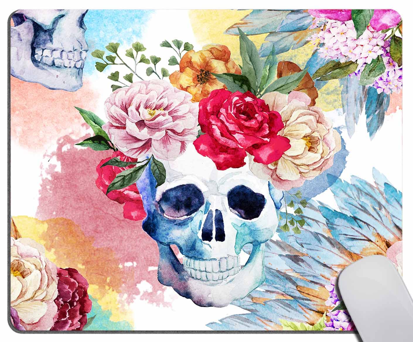 Watercolor Flower Peony Pen Boho Skull Pattern Mouse Pad Non-Slip Rubber Base Gaming Mousepads For Computers Laptop Office, 9.5'