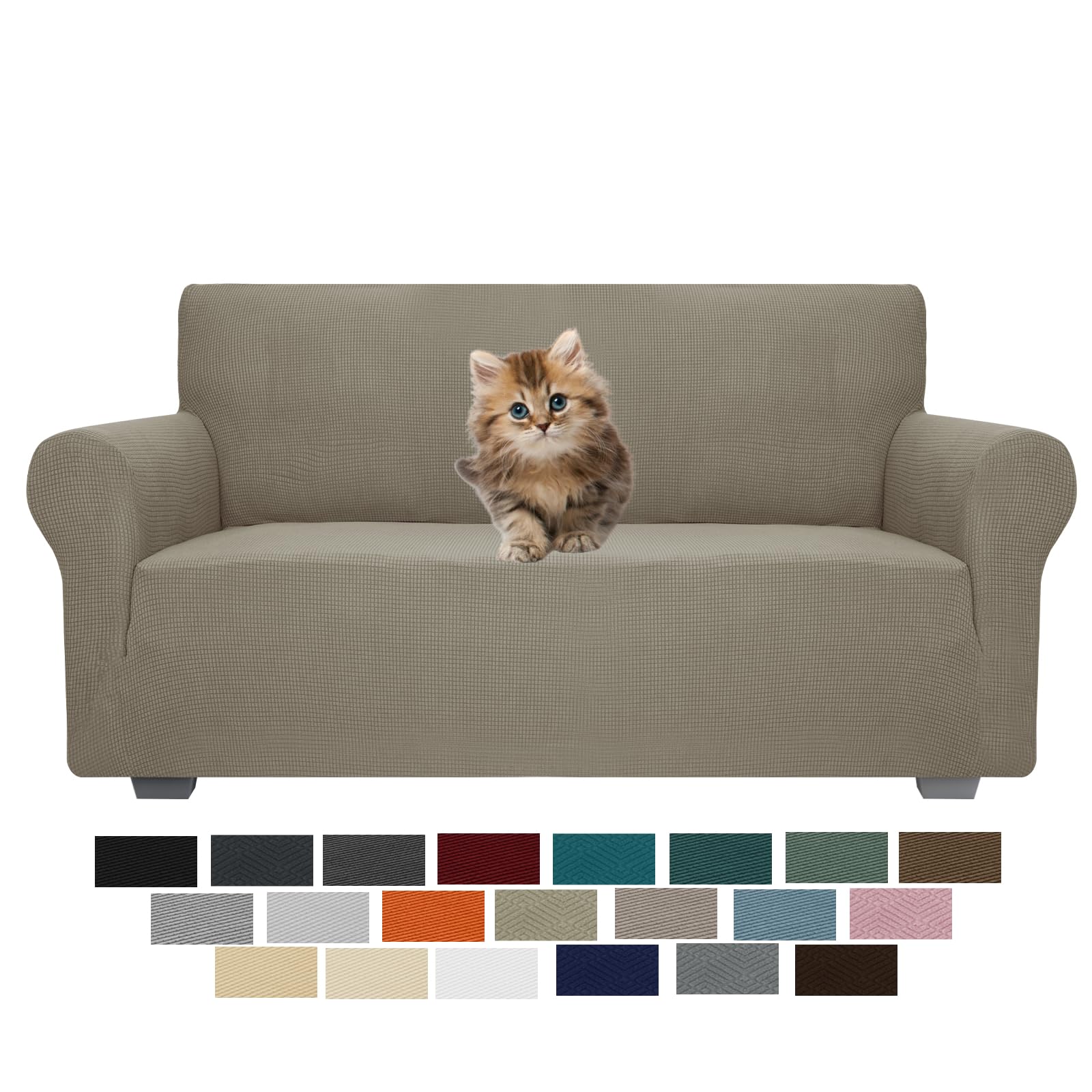 Jiviner High Stretch 1-Piece Jacquard Small Checks Couch Covers For 2 Cushion Couch Anti Slip Love Seat Sofa Covers Loveseat Slipcovers Protector For Kids Pets (Loveseat, Khaki)