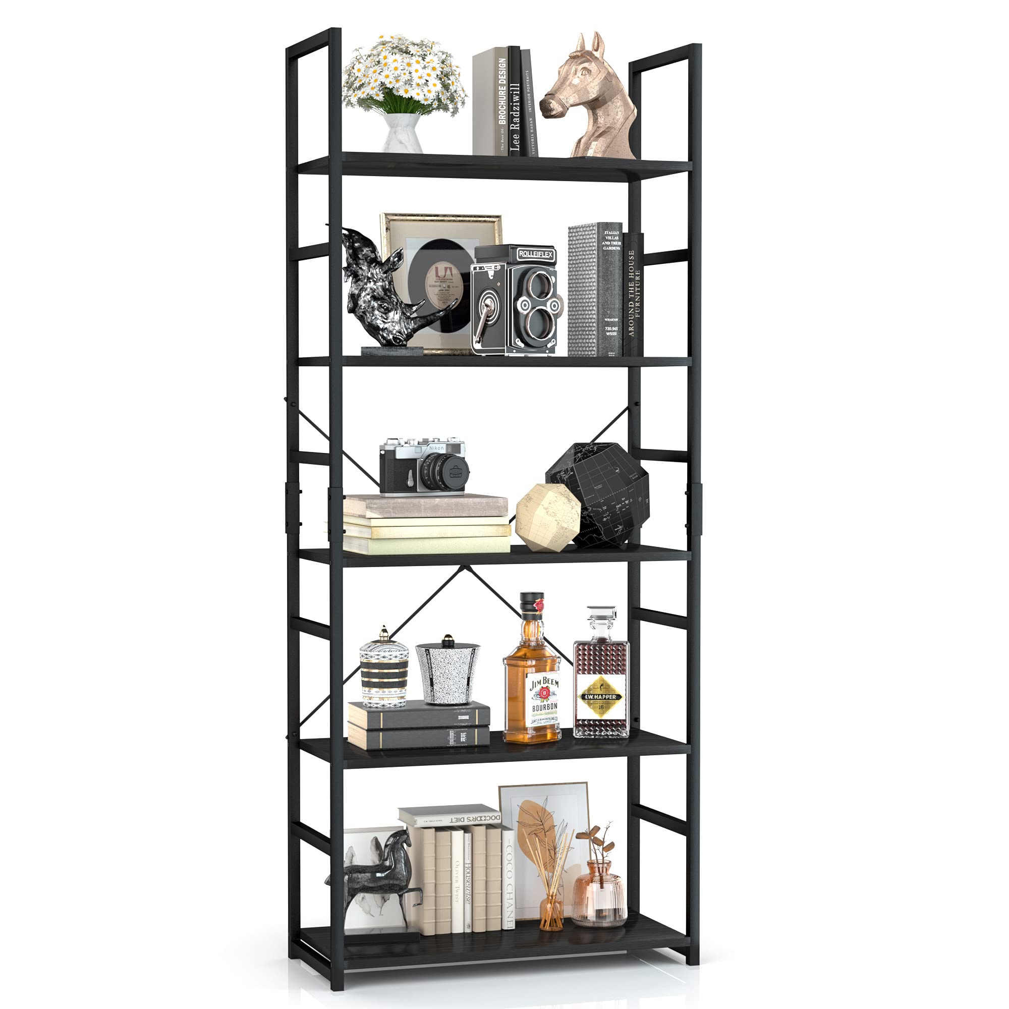 Otk 5 Tier Bookshelf, Tall Bookcase, Office Shelf Storage Organizer, Modern Book Shelf For Living Room, Bedroom, And Home Office, Black