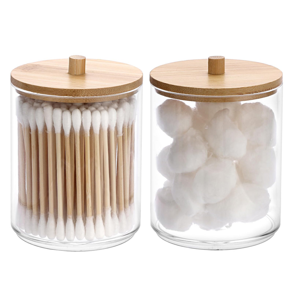 Hipiwe 2 Packs Acrylic Qtip Holder Dispenser with Lid Clear Plastic Bathroom Canisters Round Apothecary Jar Set Cotton Swab and 