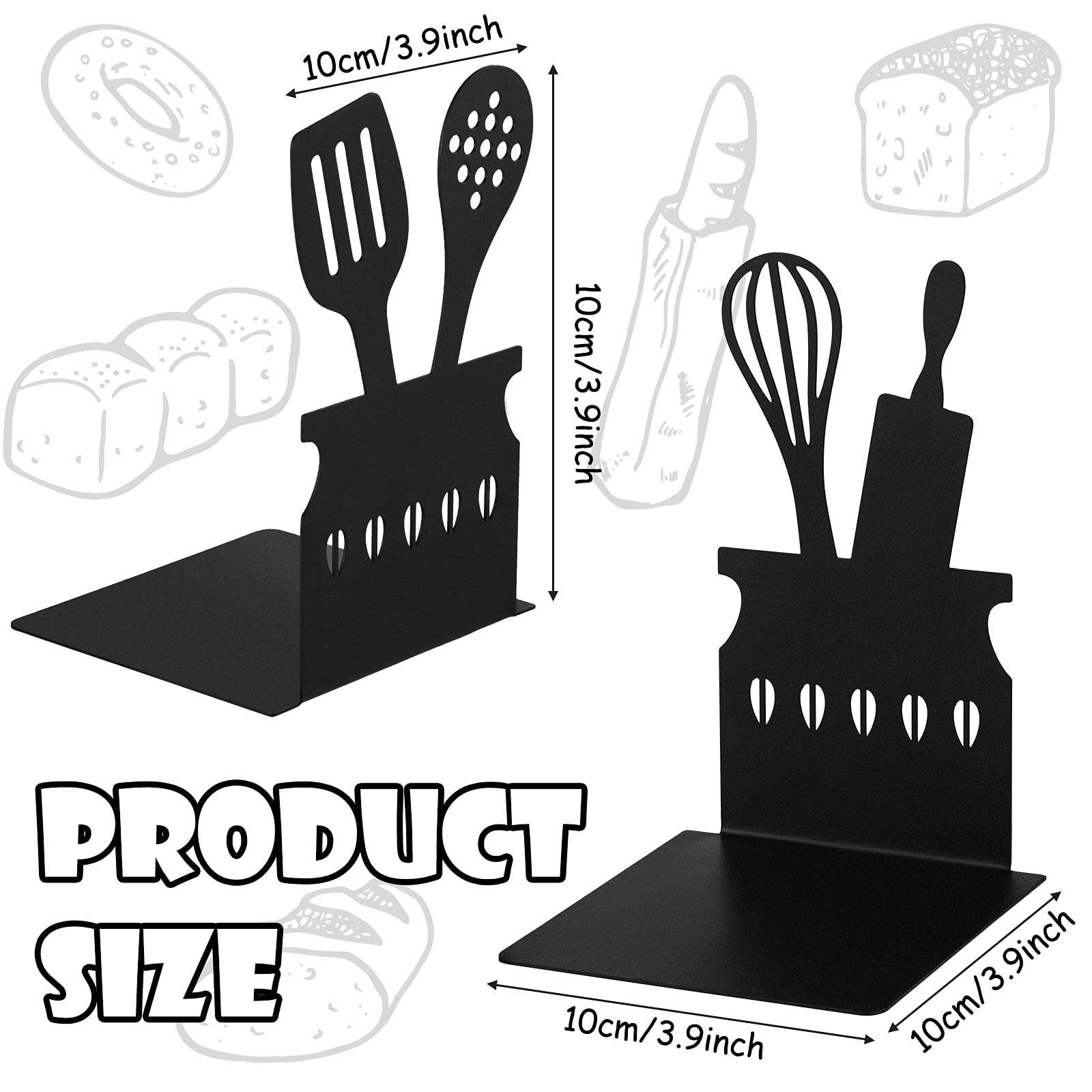 Black Kitchen Bookends 5.9 X 3.9 X 3.9 Inch Spoon Decorative Cookbook Metal Book Ends With Non-Slip Mat Metal Cookbook Storage B