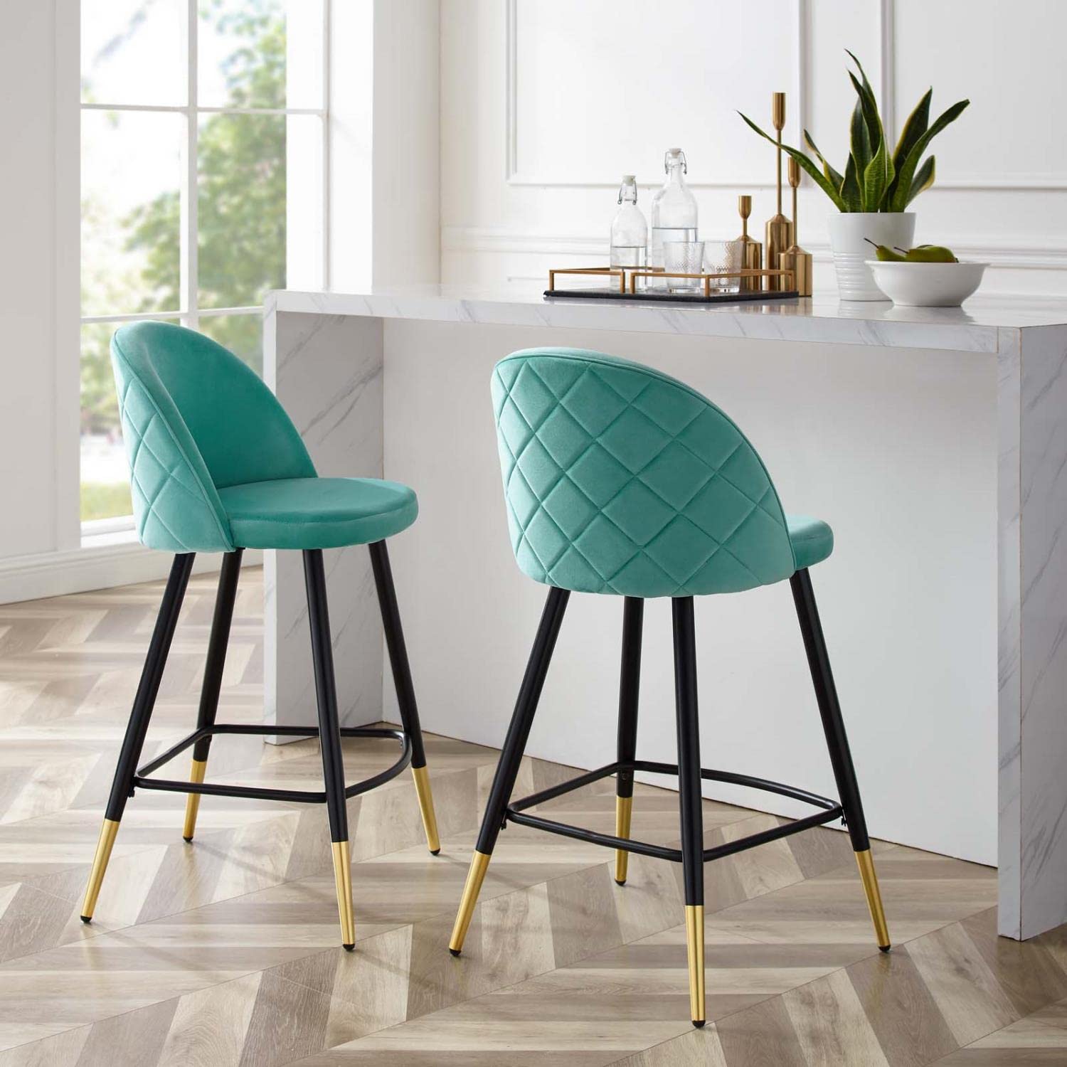 Modway Cordial Performance Velvet Dining Counter Stools in Mint - Set of 2