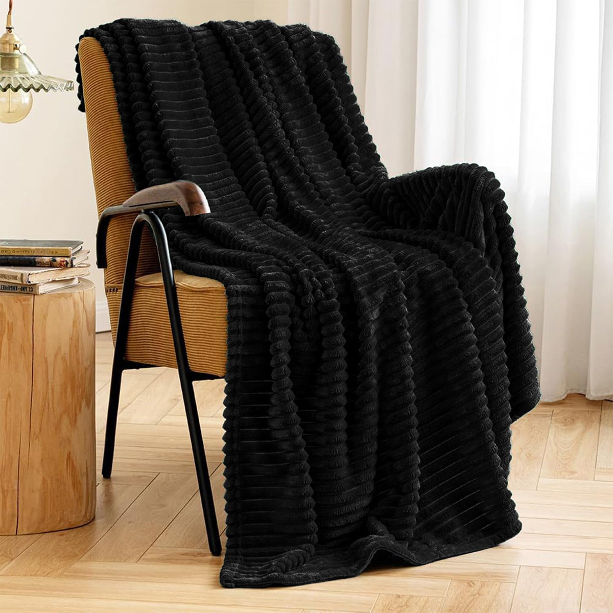 Miulee Black Throw Blanket 3D Ribbed Jacquard Fleece Flannel Velvet Plush Decorative Bed Blanket (Throw, 50' X 60') - Super So