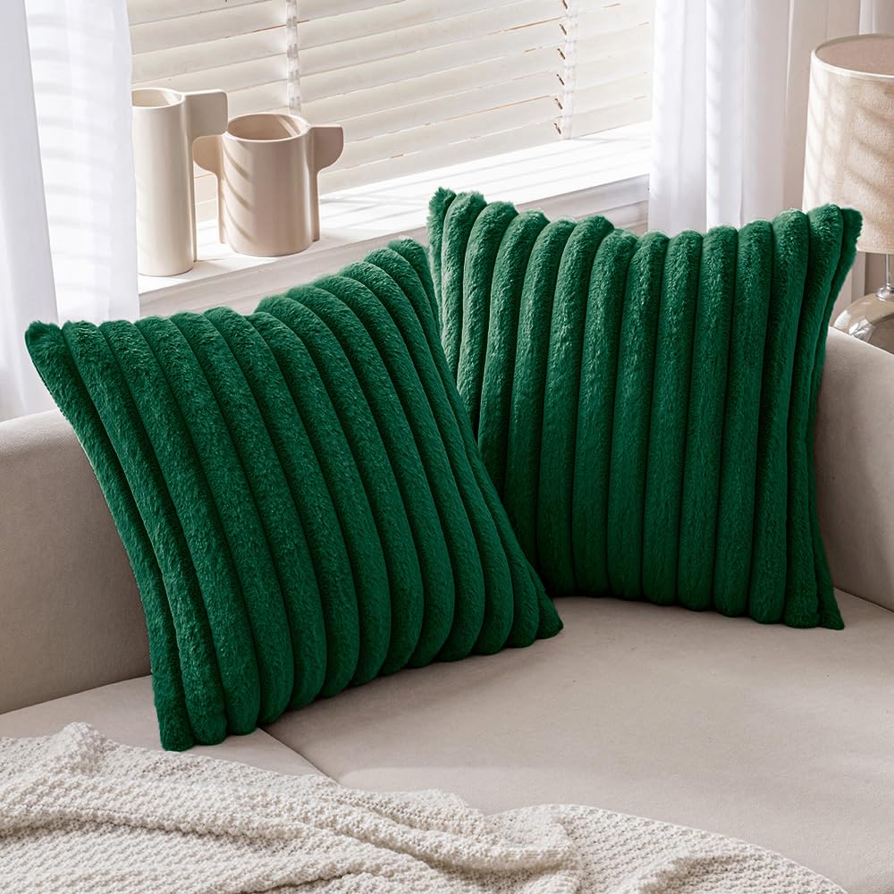Miulee Dark Green Throw Pillow Covers 20X20 Inch Set Of 2 Soft Couch Pillow Covers With Velvet Back Faux Rabbit Fur Throw Pillow
