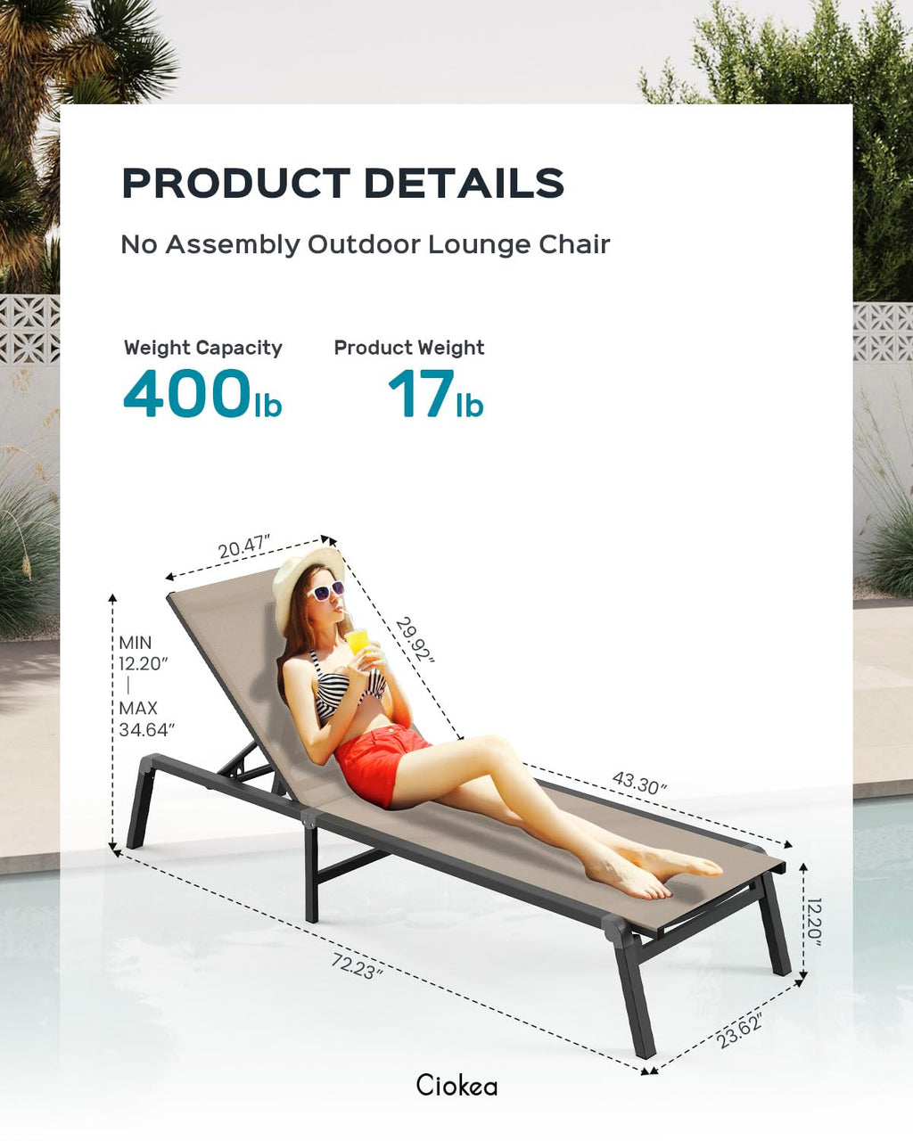Ciokea Foldable Patio Chaise Lounge Chair Set of 2, Adjustable Aluminum Outdoor Lounger in Khaki for Poolside, Lawn, and Deck