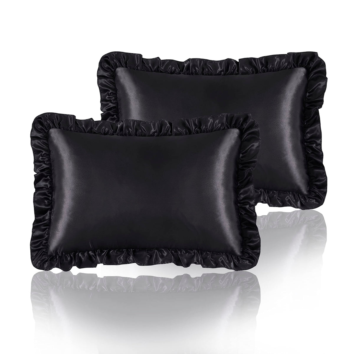 Hommxjf Silky Satin Ruffled Pillow Cases For Hair And Skin,Black Silk Pillowcases Queen Set Of 2 With Envelope Closure Princess