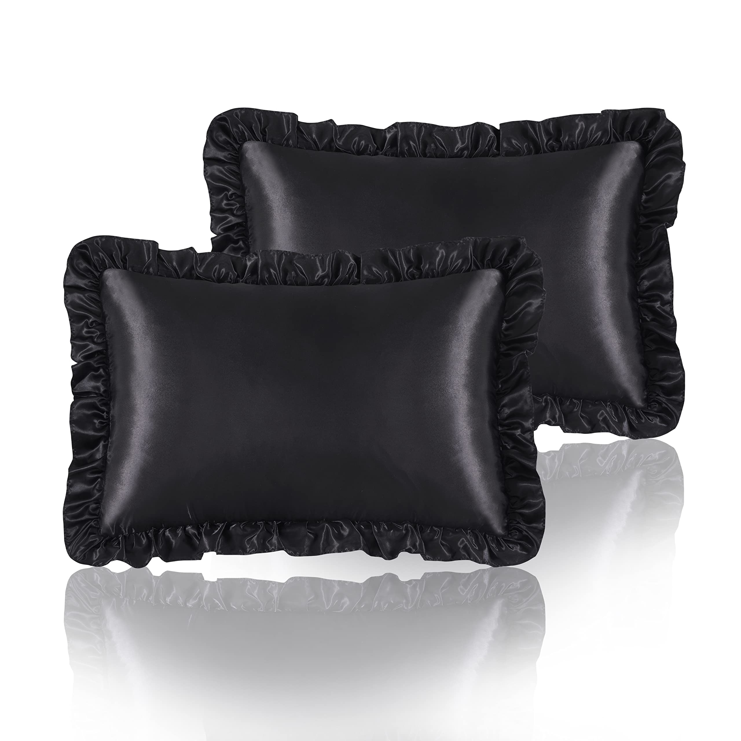 Hommxjf Silky Satin Ruffled Pillow Cases For Hair And Skin,Black Silk Pillowcases Queen Set Of 2 With Envelope Closure Princess