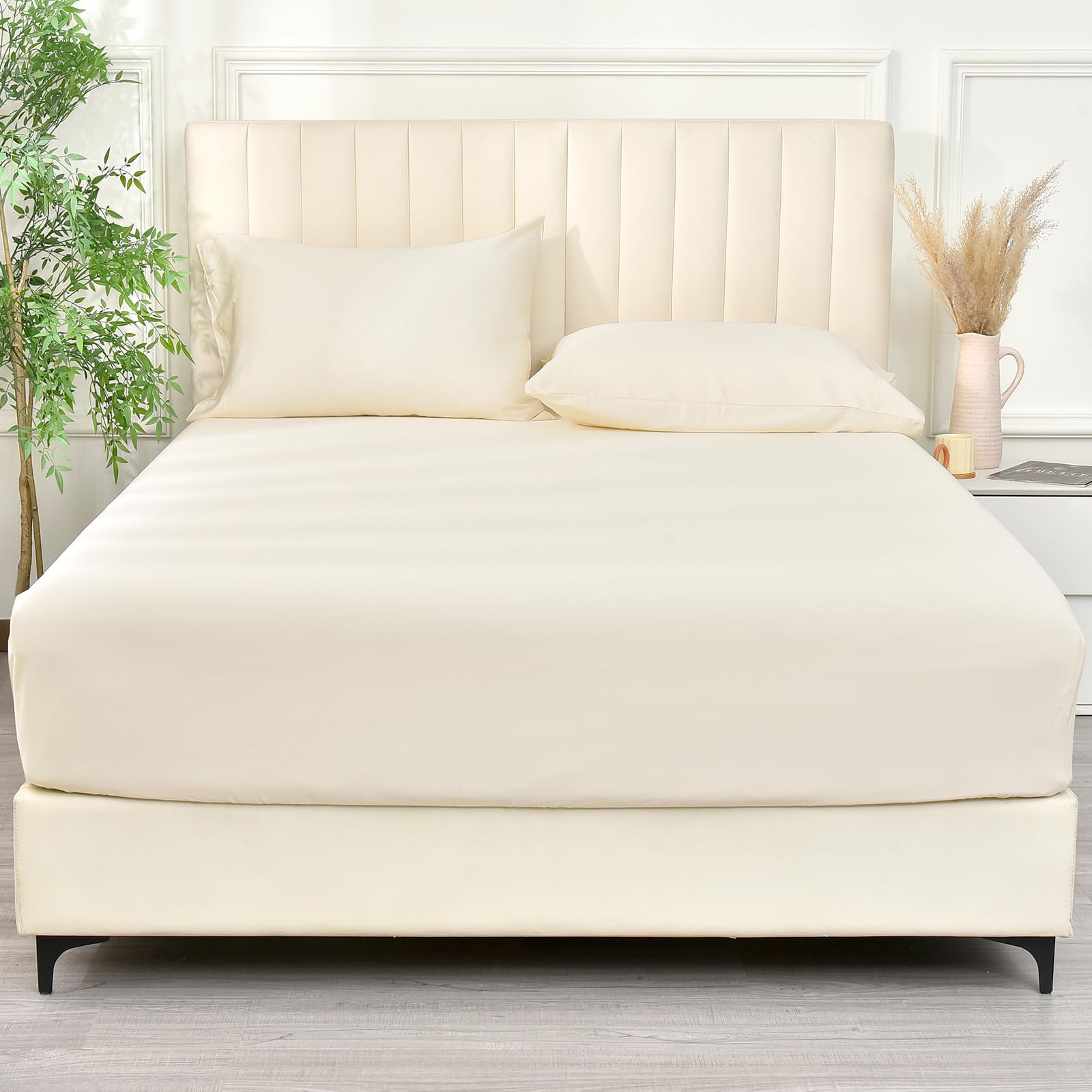 PHF 100% Rayon Derived from Bamboo Cooling Fitted Sheet Queen Size for Hot Sleeper,16'' Deep Pocket,2.5cm Wider Strong Elastic B